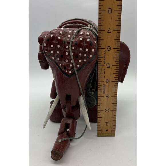 Vintage Painted Elephant Puppet With Removable Tusks Maroon Colored Decorated - Picture 6 of 6